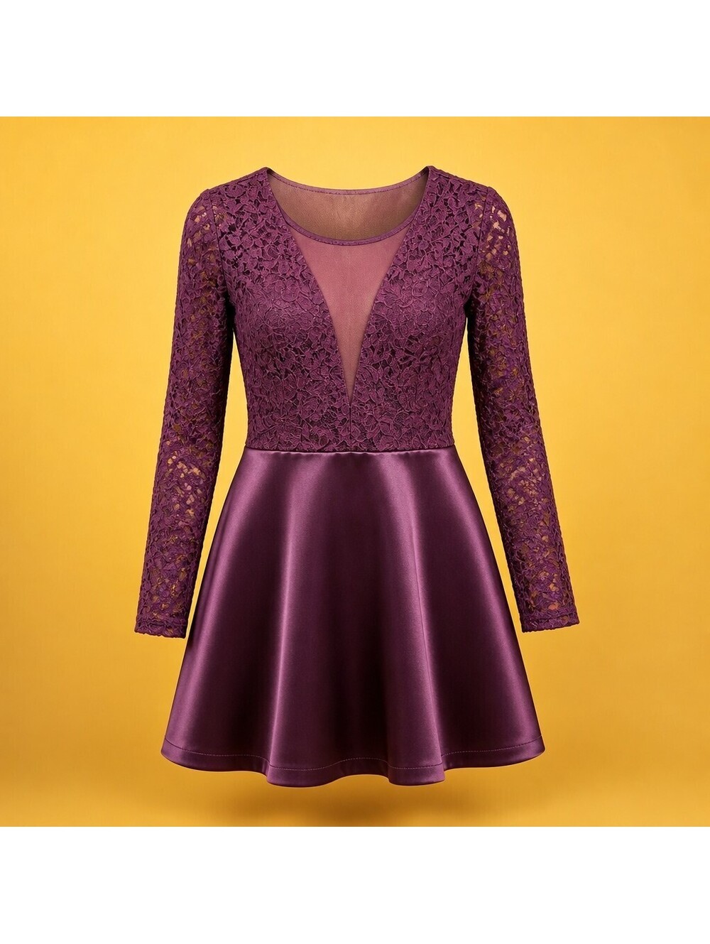 My Michelle Burgundy Homecoming Dress Lace Satin Long Sleeve Open Back Sz 9 4003